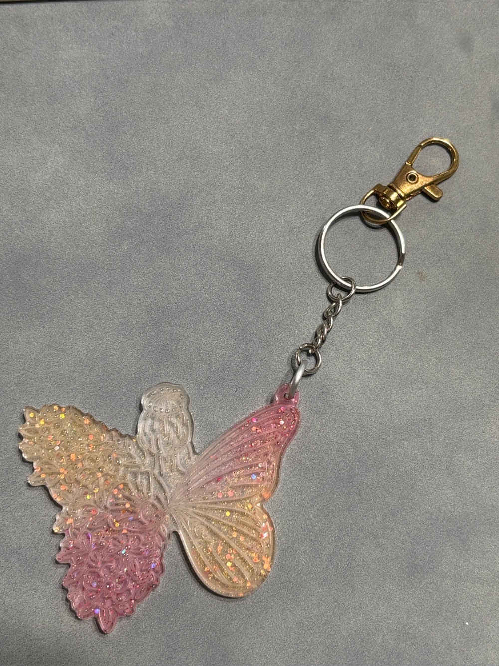 Handmade resin Butterfly Glitter Keychain - Pink and gold Gradient